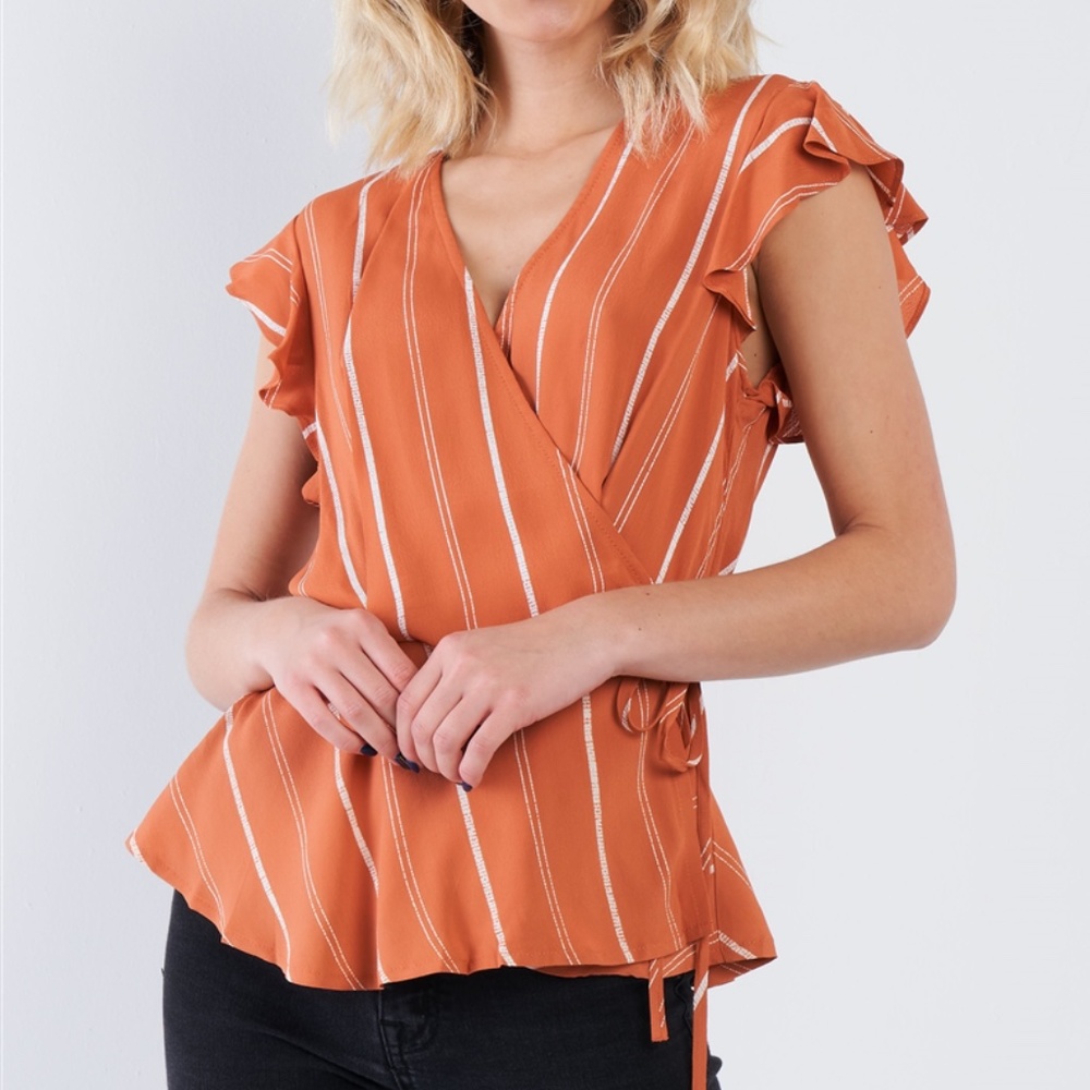 NWT Orange Stripe Wrap Peplum Flounce V-Neck Top